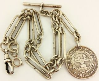 Heavy Antique Solid Silver Fancy Links Albert Pocket Watch Chain W Coin Fob