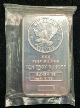 Sunshine Mining.  999 Fine 10 Troy Oz Silver Bar,  Vintage,  No Serial Number