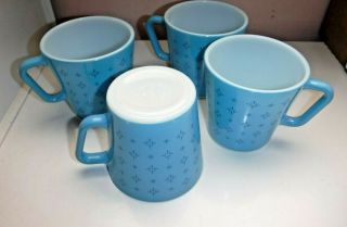 Set of 4 Vintage Pyrex Blue Foulard Mugs 10 ounce Cup 1410 8