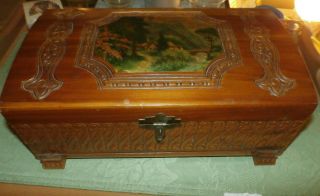Vintage Lithograph Carved Hinged Wood Trinket Box Jewelry Chest