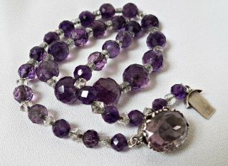 Antique Victorian Faceted Cut Real Amethyst Beads Necklace Silver Chain & Clasp