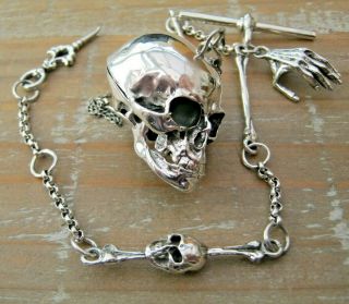 Novelty Sterling Silver Skull Box Vesta Case On Albert Watch Chain Momento Mori