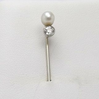 Art Deco 18k White Gold 4.  8mm Akoya Pearl 1/3ct Mine Cut Diamond Stick Pin