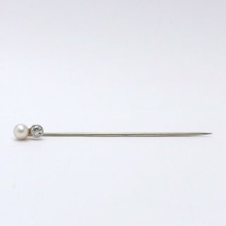 Art Deco 18k White Gold 4.  8mm Akoya Pearl 1/3ct Mine Cut Diamond Stick Pin 2