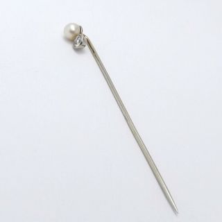 Art Deco 18k White Gold 4.  8mm Akoya Pearl 1/3ct Mine Cut Diamond Stick Pin 4