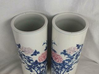 FINE PAIR ANTIQUE CHINESE QIANLONG MARK BLUE & WHITE FAMILLE ROSE SLEEVE VASES 11