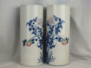 FINE PAIR ANTIQUE CHINESE QIANLONG MARK BLUE & WHITE FAMILLE ROSE SLEEVE VASES 8