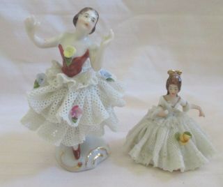 Vintage Dresden & Hus Porcelain Lace Ballerina Set Of 2 Figurines Mini Germany