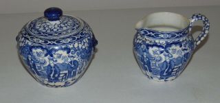 Rare Vintage Chinese Bird Blue & White Adams Sugar Bowl & Creamer