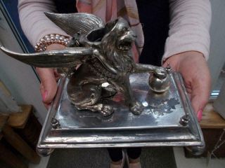 19th Century Silver Plate Lion Inkwell Ww Harrison & Co Had A Hard Life