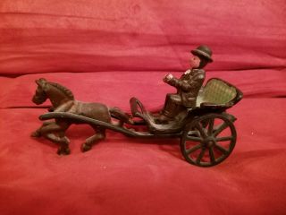 Vintage Cast Iron Trotting Horse,  Driver,  And Carriage Toy -