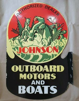 Johnson Outboard Motor 2 Sided Vintage Porcelain Sign 18 X 27 1/2 Inches Flange