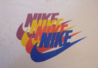 Vintage 70s Nike T - Shirt Block Letter Swoosh Medium Pinwheel Geisha Era Rare
