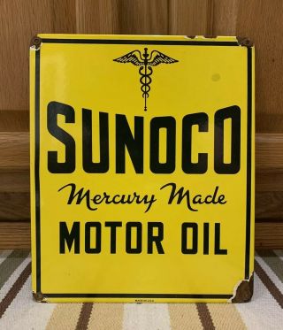 Vintage Porcelain Sunoco Oil Sign Mercury Made Sun Oil Company Gas Pump Plate