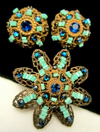 Rare Vintage Signed Miriam Haskell Blue Glass 1 - 3/4 " Brooch & 1 " Earring Set A44