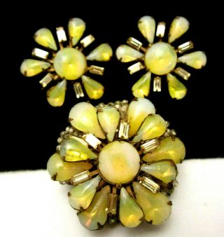 Vintage Signed Miriam Haskell Yellow Glass 1 - 3/4 " Brooch & 1 - 1/4 " Earring Set 46