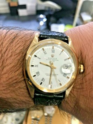 Rolex Date 18K Yellow Gold Rare White Roman Dial Vintage Mens Watch 1503 12