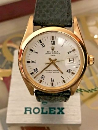 Rolex Date 18k Yellow Gold Rare White Roman Dial Vintage Mens Watch 1503