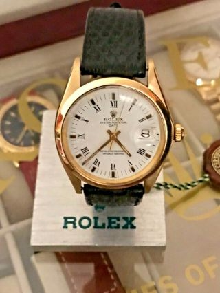Rolex Date 18K Yellow Gold Rare White Roman Dial Vintage Mens Watch 1503 2