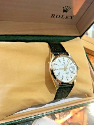 Rolex Date 18K Yellow Gold Rare White Roman Dial Vintage Mens Watch 1503 3