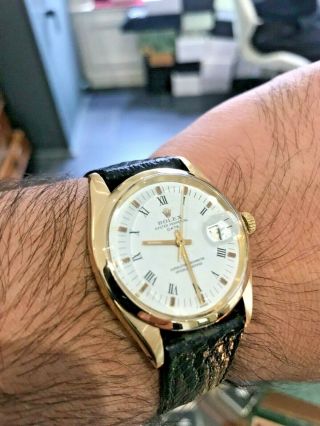 Rolex Date 18K Yellow Gold Rare White Roman Dial Vintage Mens Watch 1503 8