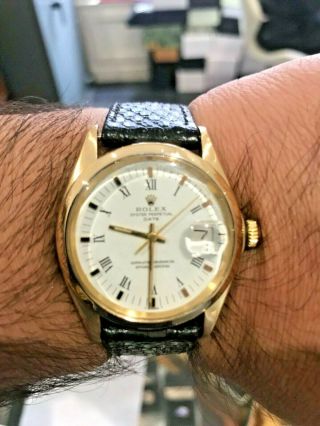 Rolex Date 18K Yellow Gold Rare White Roman Dial Vintage Mens Watch 1503 9