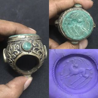 Huge Antique Roman Turquoise Seal Intaglio Old Ring Green Stone Silver 15
