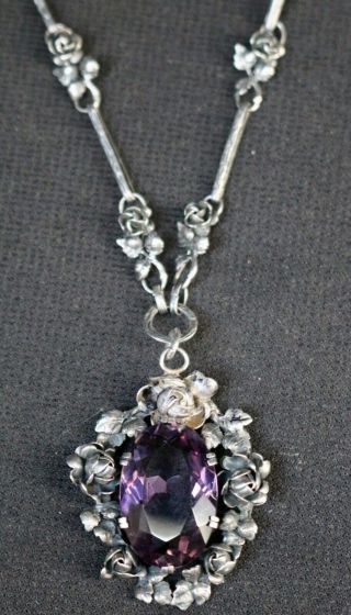 Hand Wrought Sterling Bouquet Of A Dozen Roses Necklace,  Huge Amethyst,  Germany