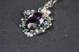 Hand Wrought Sterling Bouquet of a Dozen Roses Necklace,  Huge Amethyst,  Germany 2