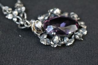 Hand Wrought Sterling Bouquet of a Dozen Roses Necklace,  Huge Amethyst,  Germany 3