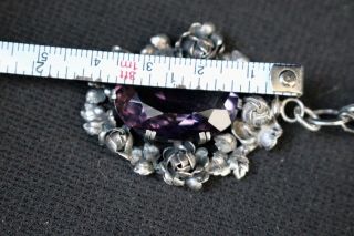 Hand Wrought Sterling Bouquet of a Dozen Roses Necklace,  Huge Amethyst,  Germany 8