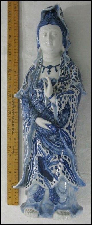 Chinese? Japanese? Large Porcelain Blue & White Quanyin Kwan Yin Statue Figure 11