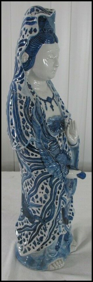 Chinese? Japanese? Large Porcelain Blue & White Quanyin Kwan Yin Statue Figure