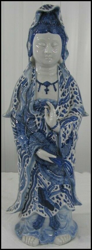 Chinese? Japanese? Large Porcelain Blue & White Quanyin Kwan Yin Statue Figure 5
