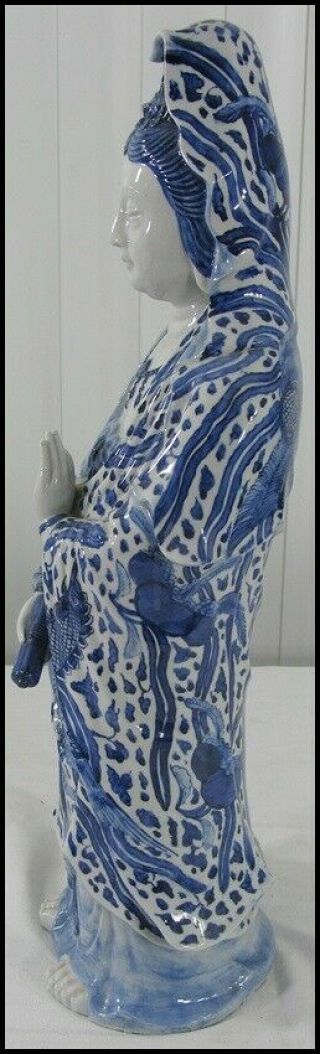 Chinese? Japanese? Large Porcelain Blue & White Quanyin Kwan Yin Statue Figure 7