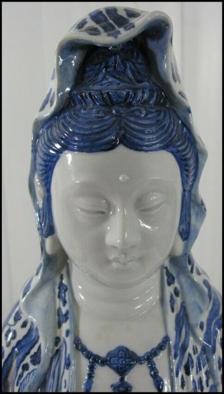 Chinese? Japanese? Large Porcelain Blue & White Quanyin Kwan Yin Statue Figure 8