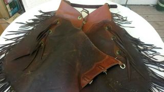 Vintage Antique Leather Western Riding Chaps 25 " Long 32 " With Fringe Adj.  Waist
