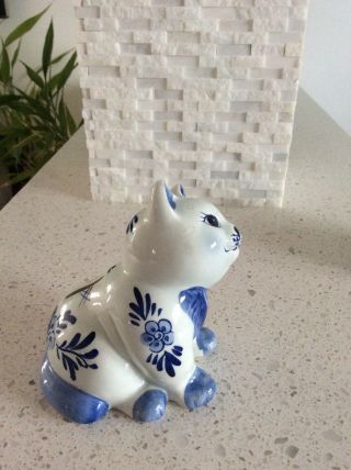 Vintage handpainted delfts blauw cat coin bank 2