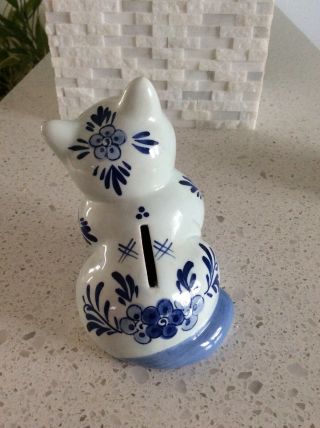 Vintage handpainted delfts blauw cat coin bank 3