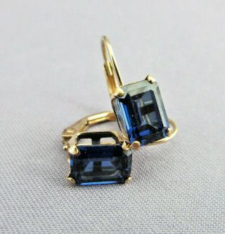 Vintage Lgl 10k Yellow Gold Solitaire Emerald Cut Blue Sapphire Pierced Earrings