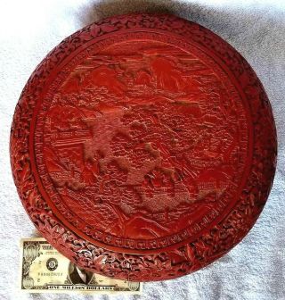 Chinese Cinnabar Round Box Old W Bottom Mark Carved Lacquer Fine Detail 12 "