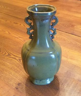 Antique 11 " Olive Green Chinese Vase Not Signed