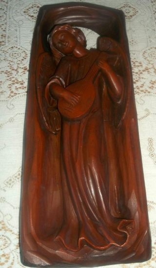 Vintage Carved Wood Angel Playing Lute Hanging Wall Plaque Decor