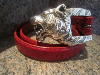 Rare Kieselstein - Cord Sterling Tiger Buckle And Red Lizard Belt