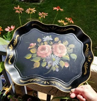 Vintage Floral Toleware Serving Tray 17 " E.  T.  Nash Co