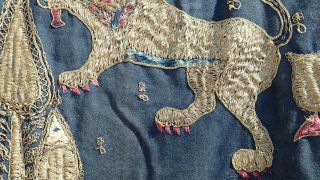 Antique 19th C Indian Mughal Gold Silk Textile Panel Hanging Lions Monkey Tree 11