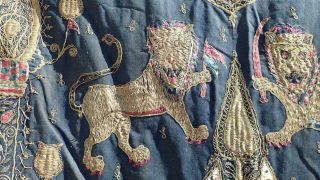 Antique 19th C Indian Mughal Gold Silk Textile Panel Hanging Lions Monkey Tree 12