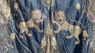 Antique 19th C Indian Mughal Gold Silk Textile Panel Hanging Lions Monkey Tree 2