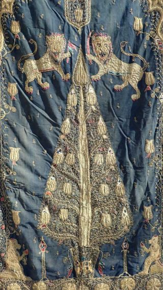 Antique 19th C Indian Mughal Gold Silk Textile Panel Hanging Lions Monkey Tree 3