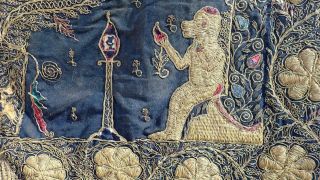 Antique 19th C Indian Mughal Gold Silk Textile Panel Hanging Lions Monkey Tree 4